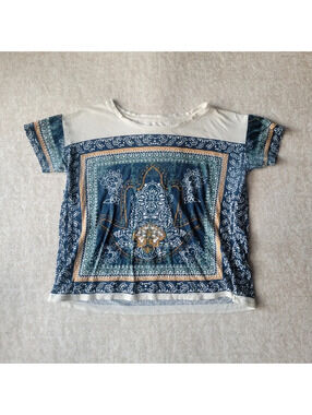 Lucky Brand Printed Shirt Womens Large Cream Blue Short Sleeve Coastal